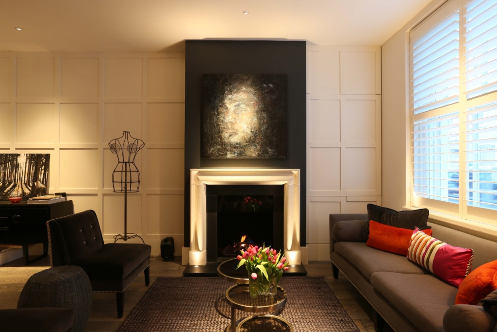 uplit fireplace in living room