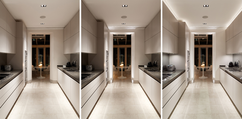 Layered lighting in galley kitchen