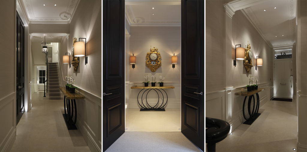 London townhouse entrance with both decorative and architectural lighting