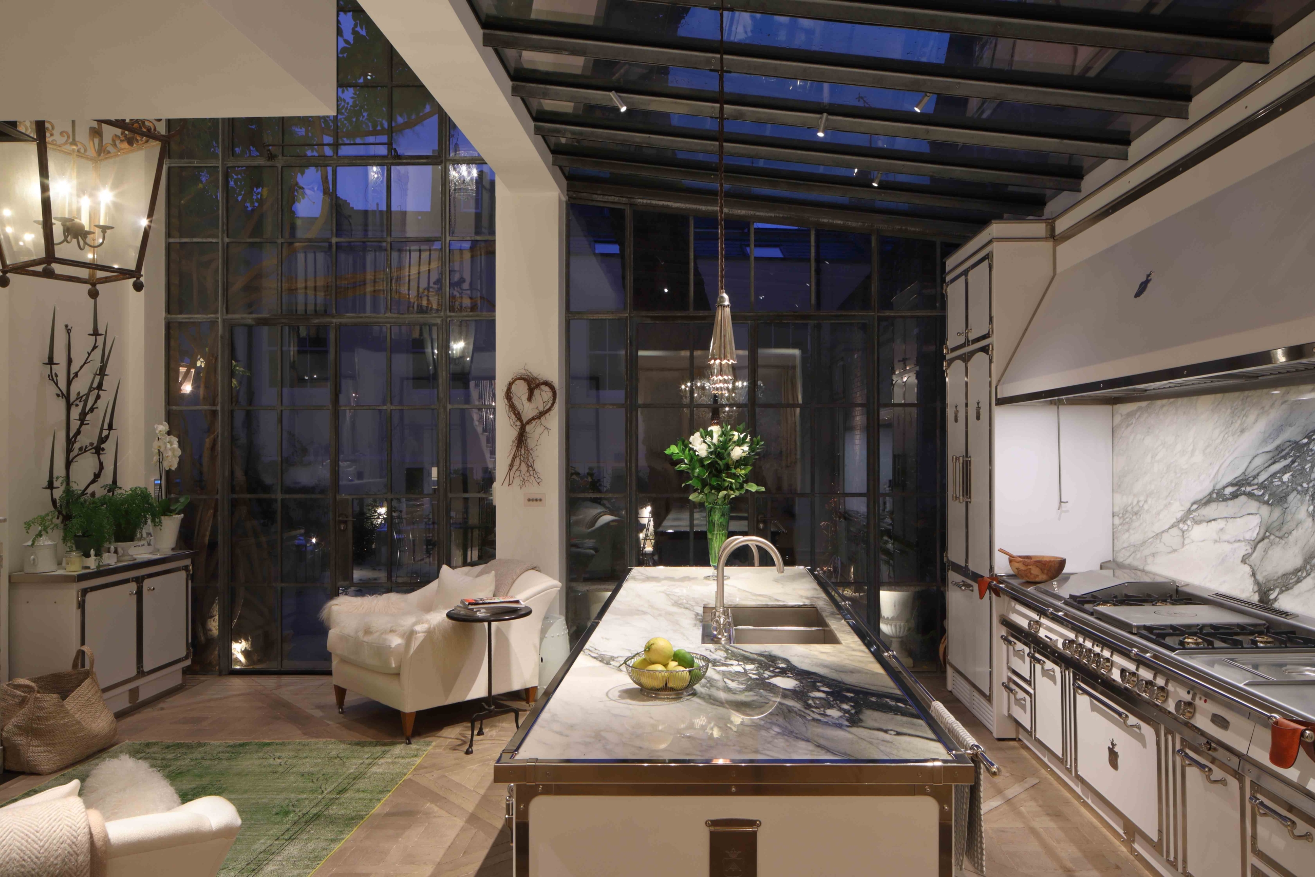 industrial kitchen with spotlights and pendants