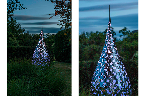 Teardrop mantle sculpture lit internally with john cullen lighting