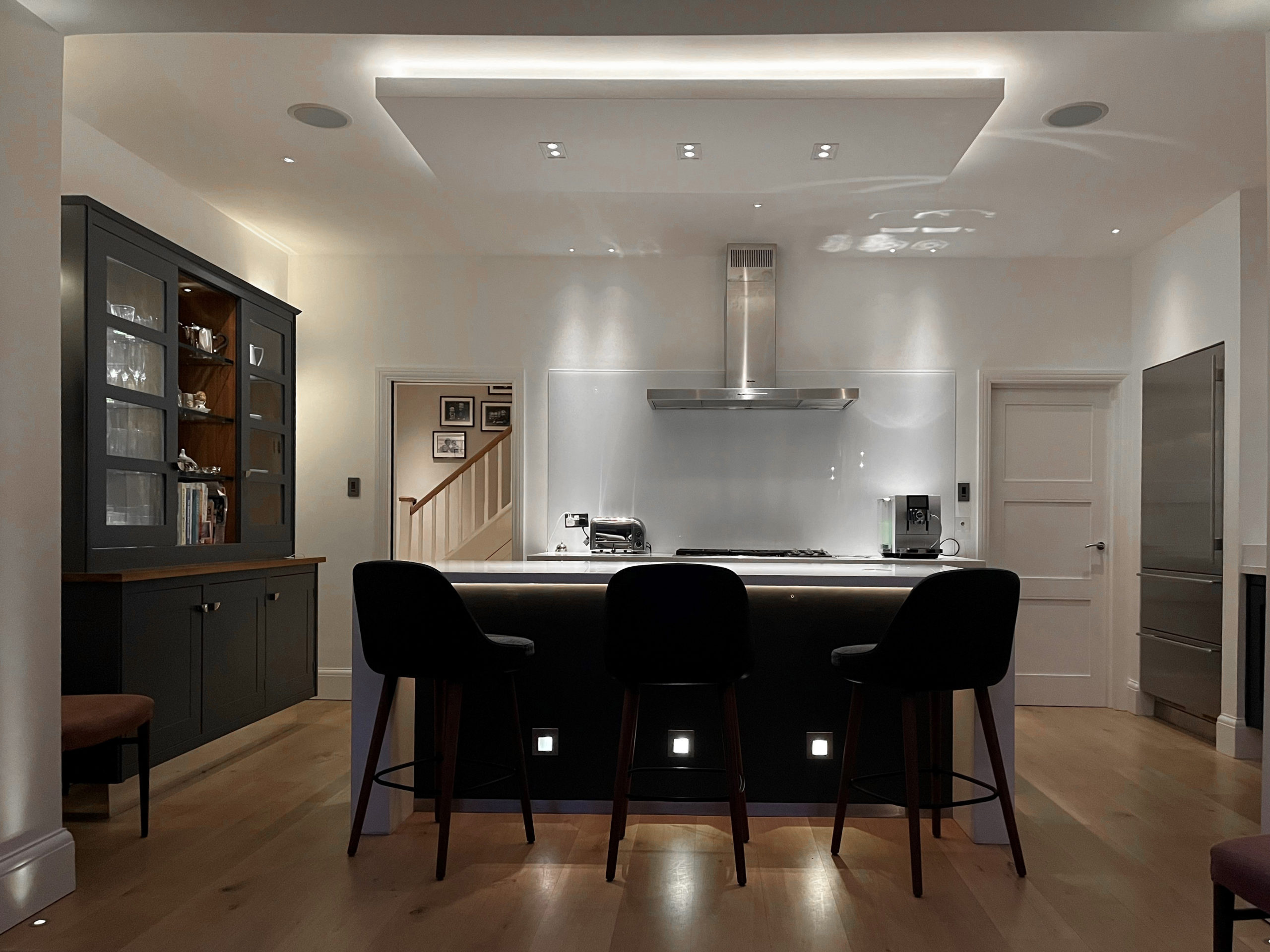 Kitchen with downlights, floor washers and LED strip