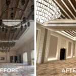 Before and after of ballroom refurbishment with chandeliers and lighting details