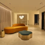 interactive lighting showroom with curtains and sofas