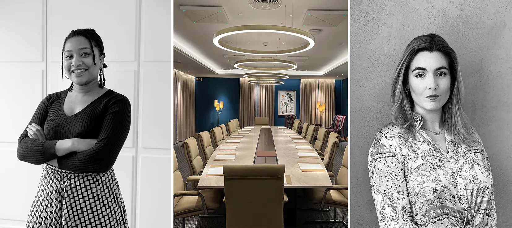 designers Fi and Vanessa with beautifully lit boardroom