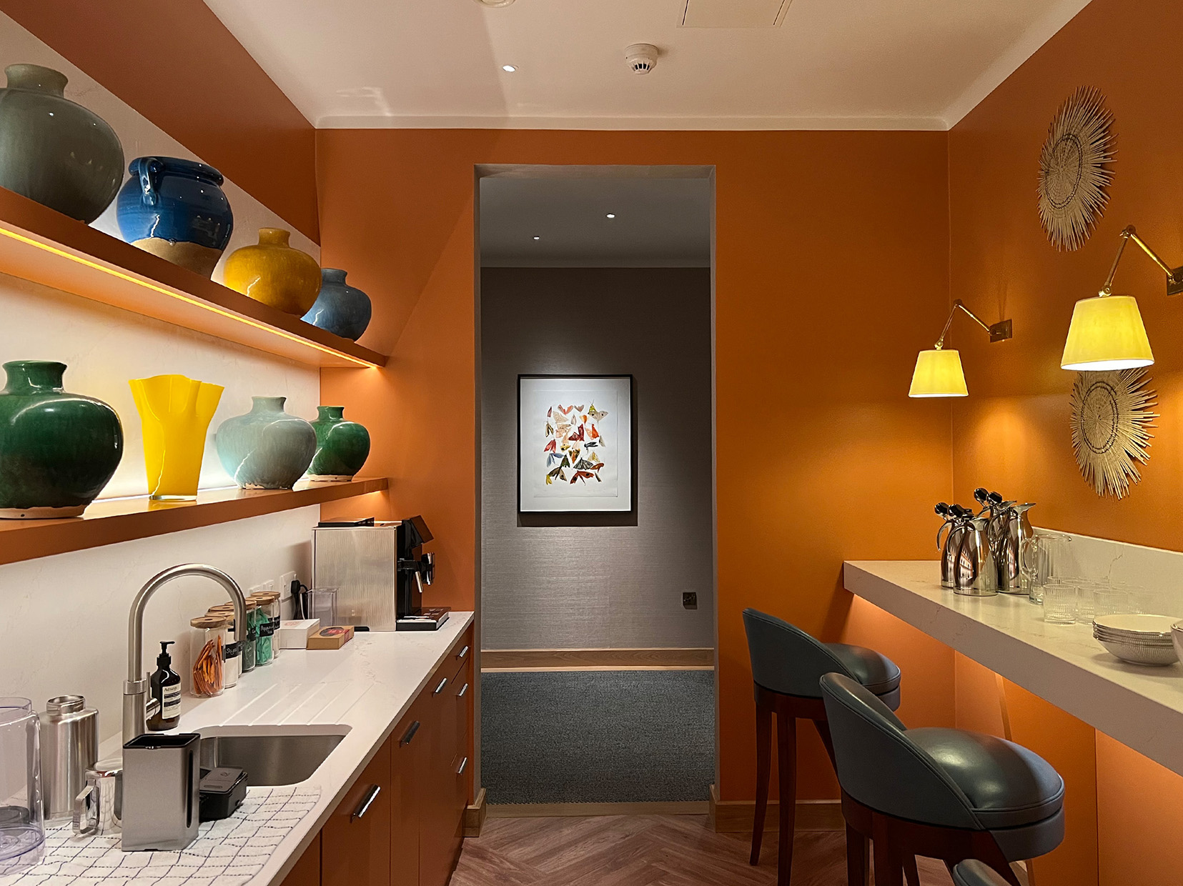 vibrant interiors and lighting in office kitchen