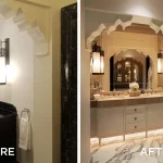 before the refurbishment of the bathroom and after with the lighting changed