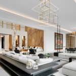 large open plan contemporary space with pendant and ceiling coffer