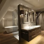 bath under window with central basin unit under lit