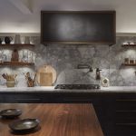 marble kitchen with pitched ceiling
