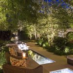 garden water feature lit with linear light
