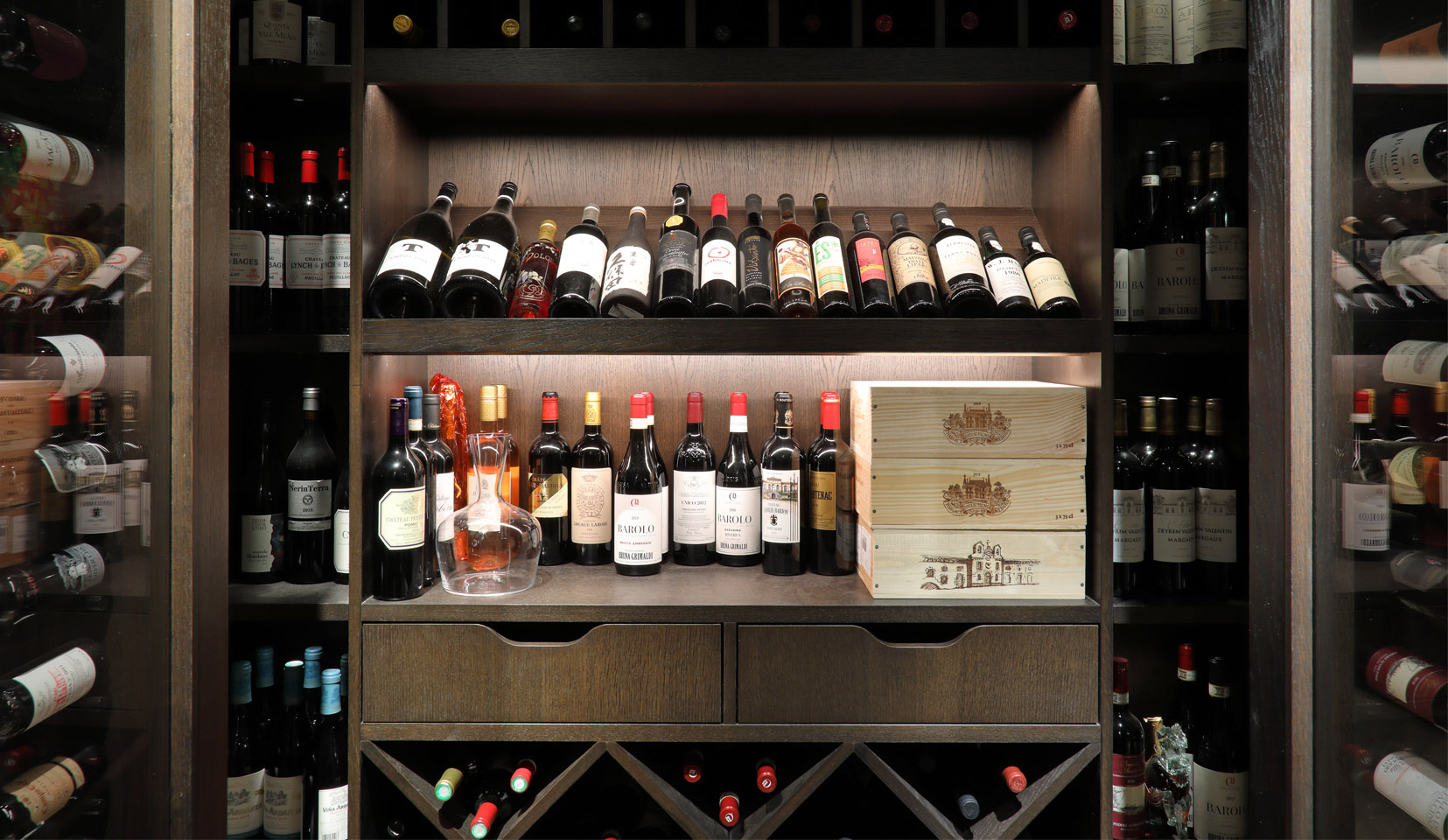 Wine cellar with bottles lit with linear LED Strip