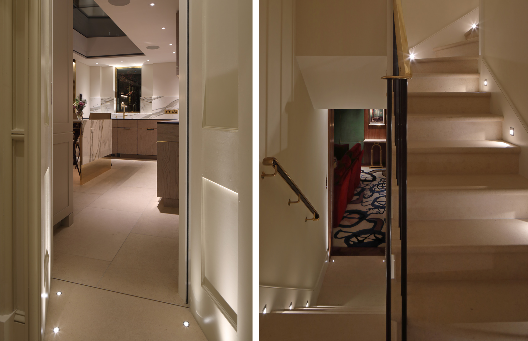 uplights to doorway and across a staircase to guide the way
