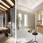 Bathrooms in Dubai villa with dramatic ceiling detail lighting