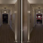 hallway lit with uplights and downlighters leading through to red games room