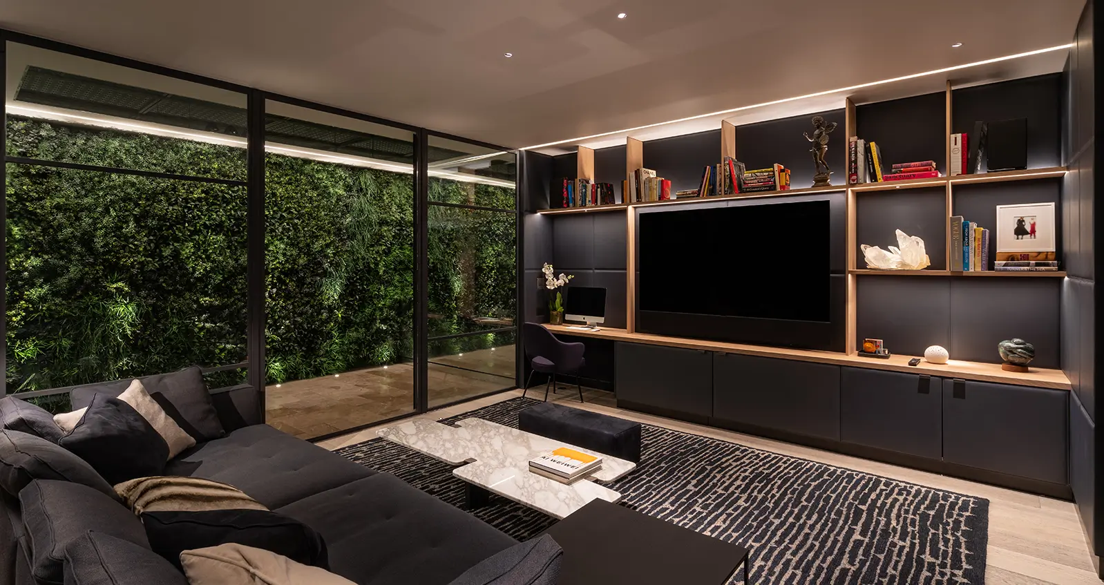 TV room with integrated shelving and view to outside