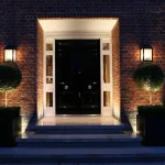 front door lighting ideas for symmetrical front door with lanterns and uplights