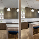 Two shots of kitchen with kitchen island lit from above with downlights and pendants