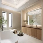 Bathroom with coffer and back lit mirror