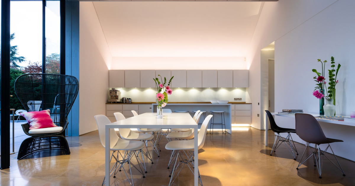 Image showcasing Double Height Open Plan Kitchen Lighting - John Cullen Lighting