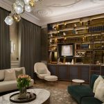 high ceilinged drawing room with uplit ceiling from lit joinery unit