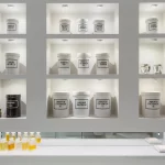 white bathroom shelves with apothecary jars with downlights
