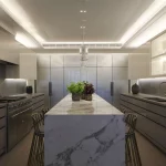Kitchen with central island and linear concealed lighting