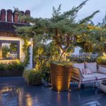 seating area surrounded by upligh pots, trees and back lit mirror