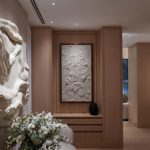 Sculptural artwork lit with downlights