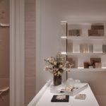 interior design studio with back-lit shelves
