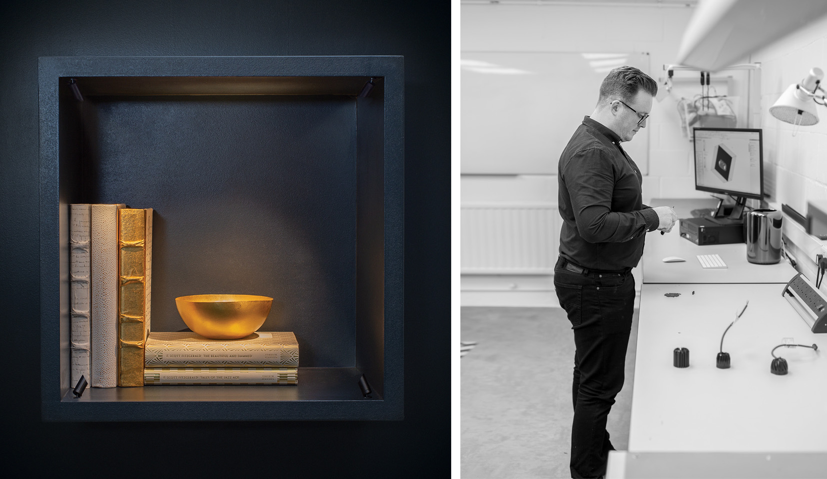 Discreet Vorsa dot shelf light by John Cullen shown lighting books