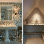 traditionally styled sink framed by decorative wall lights and cazalla fittings, and bath softly highlighted by focused lighting by polespring 40s to create a warm, inviting atmosphere