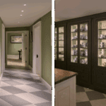 traditional cabinetry lit with LED strip lighting and connecting corridor lit by polespring